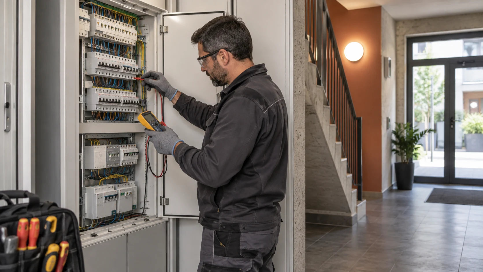 Elettricista al quadro dei servizi comuni del condominio